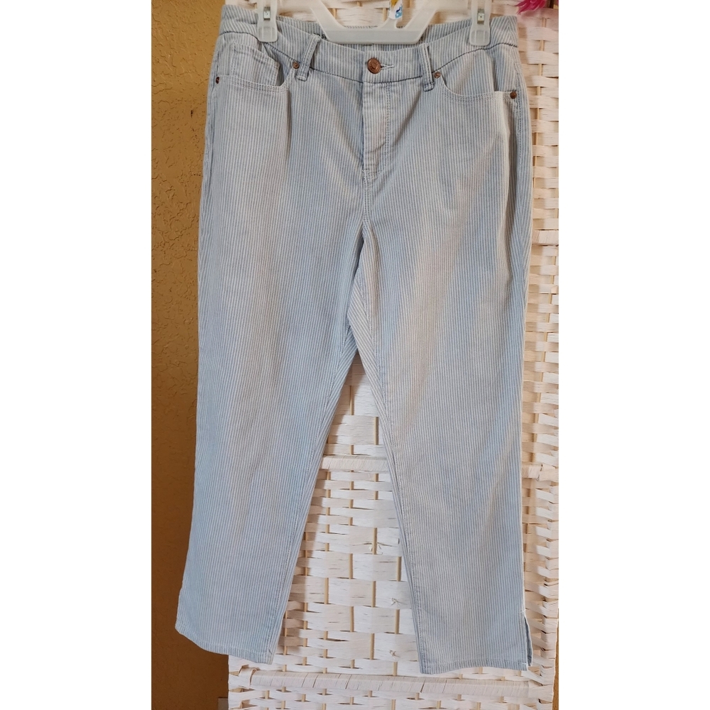 Chico's So Slimming Girlfriend Slim Leg Ankle Pants BL/WH Pinstripes Size 8P
